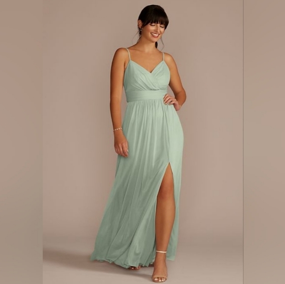 David's Bridal Spagetti Strap Ruched Waist Mesh Style# F19944 Dusty Sage… - Picture 16 of 16